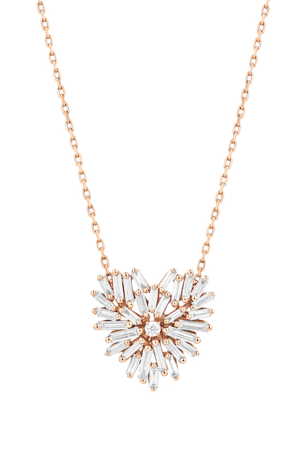 Diamond Baguette Mini Heart Necklace, 18k Rose Gold